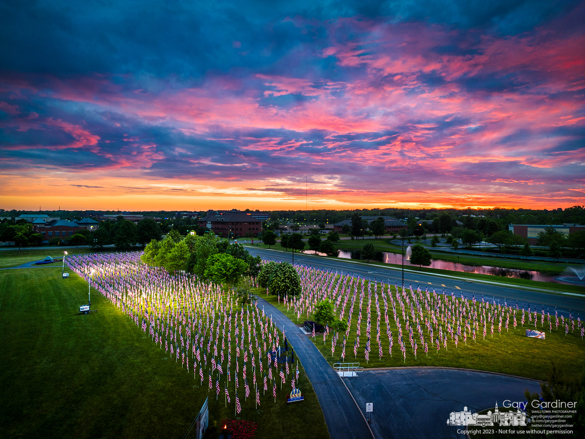 Sunrise at Field of Heroes on Memorial Day.